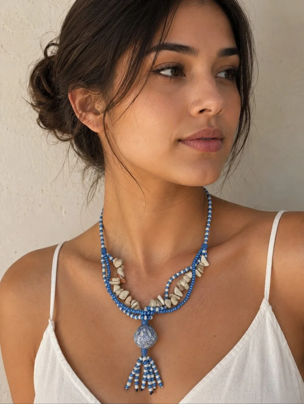 Blue & White Necklace Beaded Boho Multi Strand Large Artisan Clay Pendant Tassel